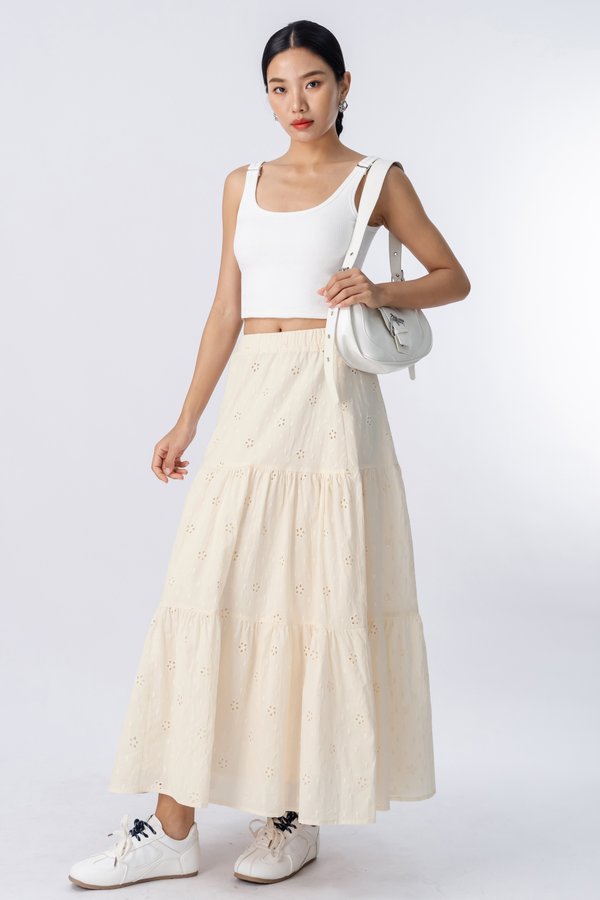 Ply Eyelet Tiered Skirt in Bisque Cream