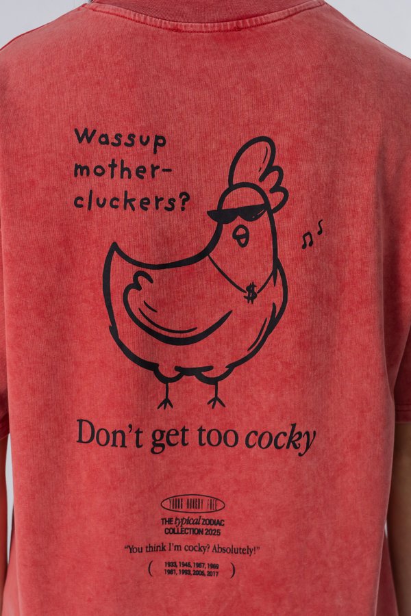 The Rooster Tee in Red Wood Wash