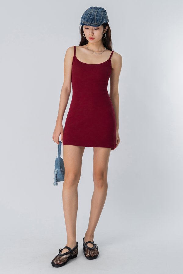 Non Stop Basic Padded Tank Dress in Mahogany Red