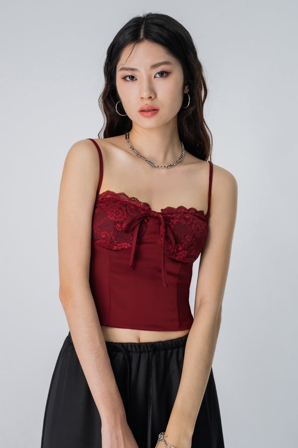 Trim Lace Ribbon Top in Chili Red