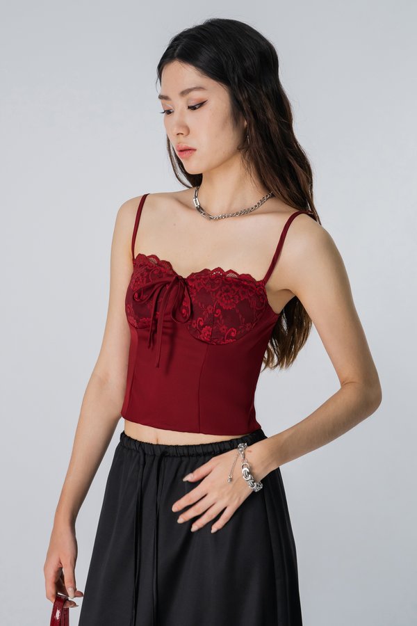 Trim Lace Ribbon Top in Chili Red