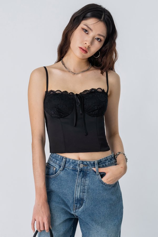 Trim Lace Ribbon Top in Black