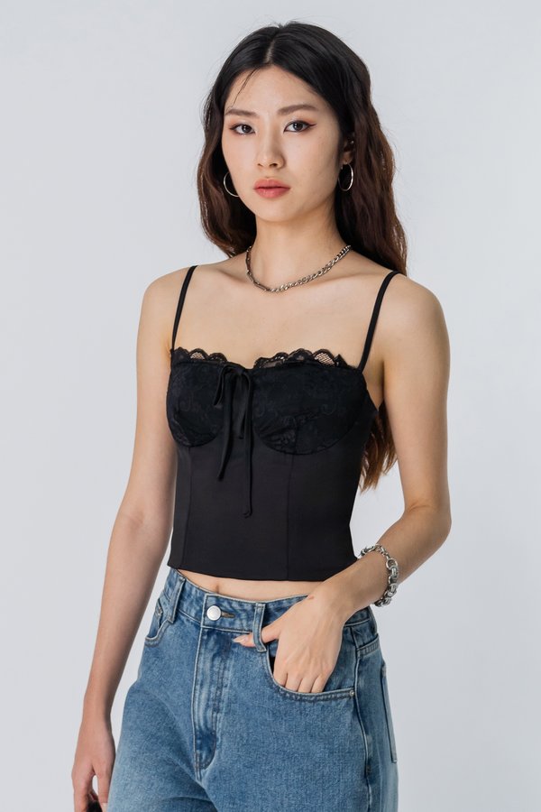 Trim Lace Ribbon Top in Black