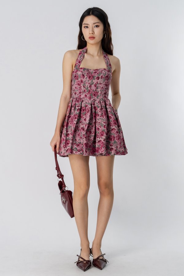 Secret Garden Halter Brocade Dress in Roseate Red