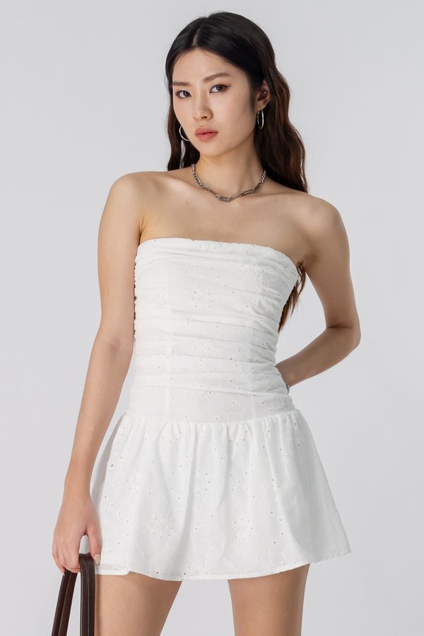 Reverie Eyelet Drop Waist Dress in White Eyelet