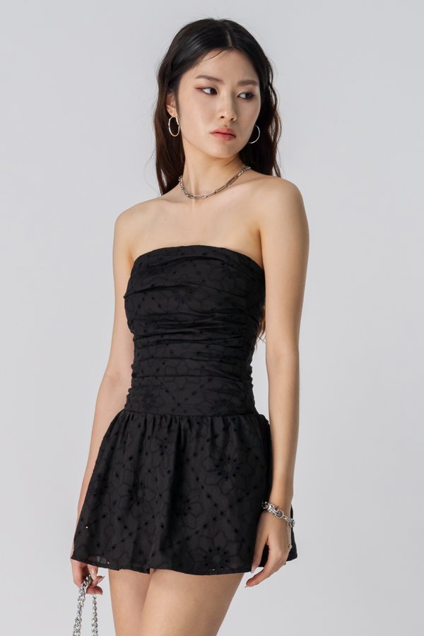 Reverie Eyelet Drop Waist Dress in Black Eyelet