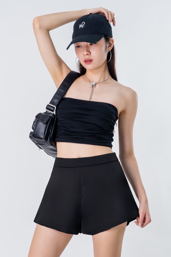 Beginning Satin Flare Shorts in Black