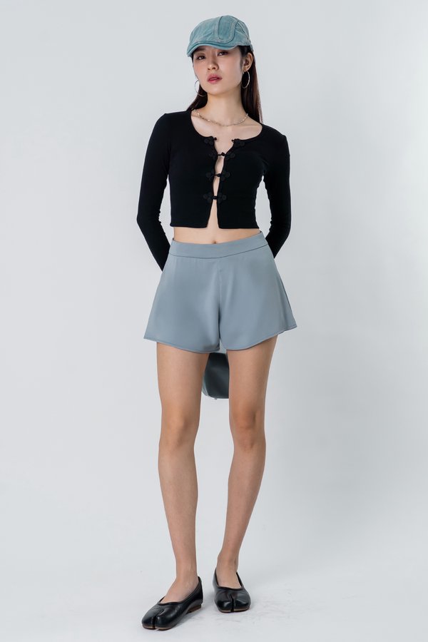 Beginning Satin Flare Shorts in Steel Grey