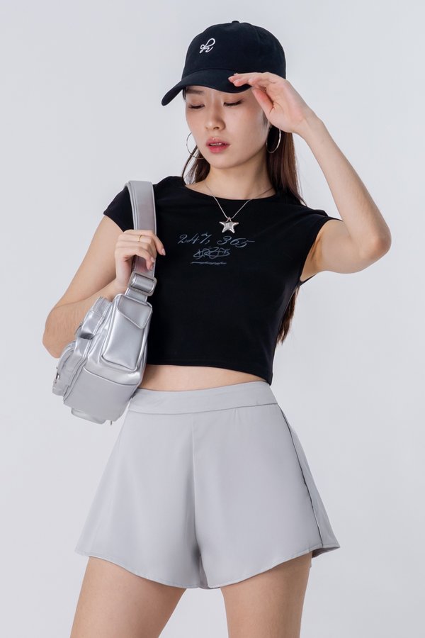 Beginning Satin Flare Shorts in Sky Grey