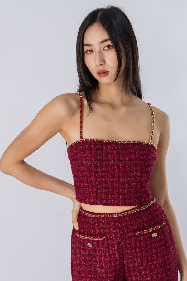 Twin Flame Tweed Chain Top in Lustrous Red