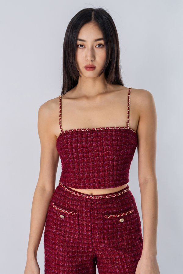 Twin Flame Tweed Chain Top in Lustrous Red