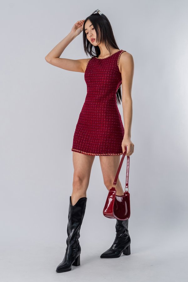 Eternal Low Back Chain Tweed Dress in Lustrous Red