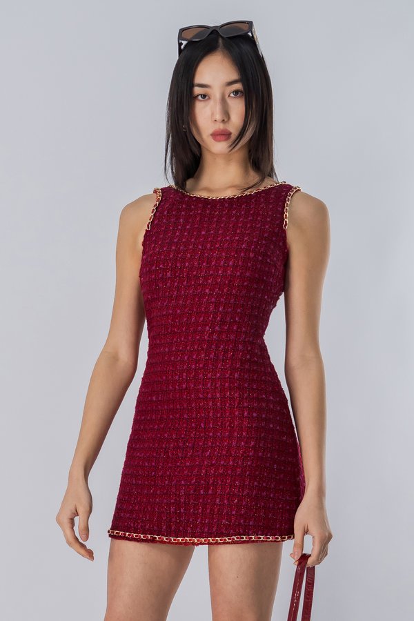 Eternal Low Back Chain Tweed Dress in Lustrous Red