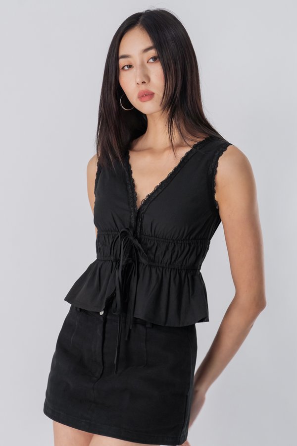 Covet Lace Ribbon Top in Black