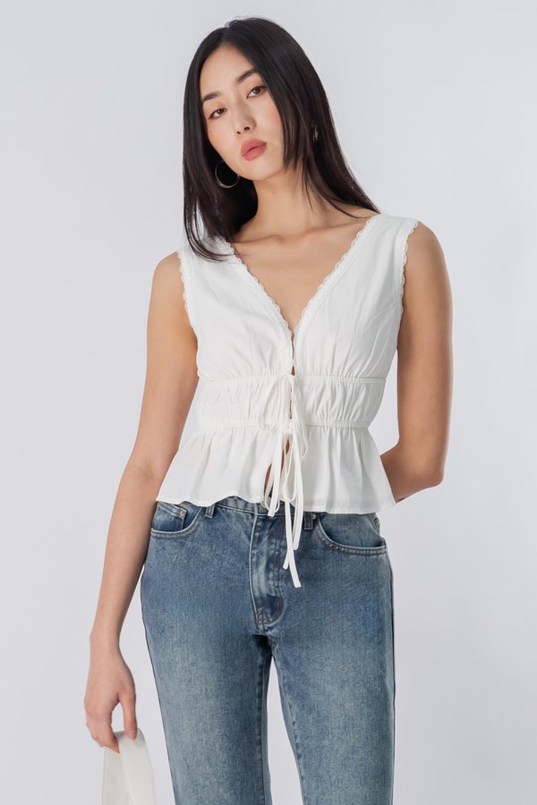 Covet Lace Ribbon Top in White