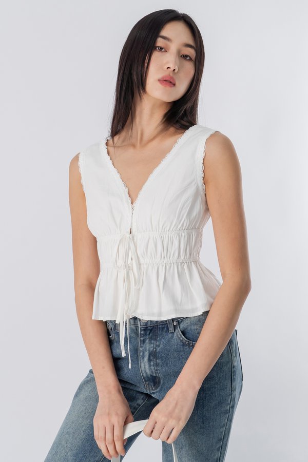 Covet Lace Ribbon Top in White