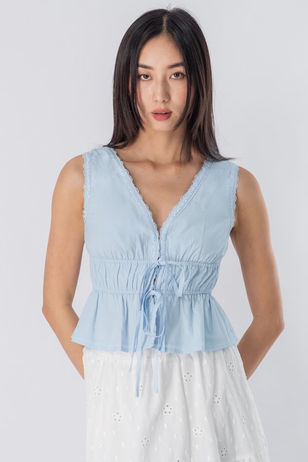 Covet Lace Ribbon Top in Sky Blue
