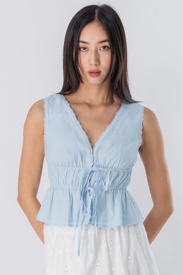 Covet Lace Ribbon Top in Sky Blue