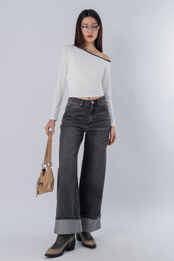 Petite | Pucker Cuffed Wide Leg Jeans in Grey Wash