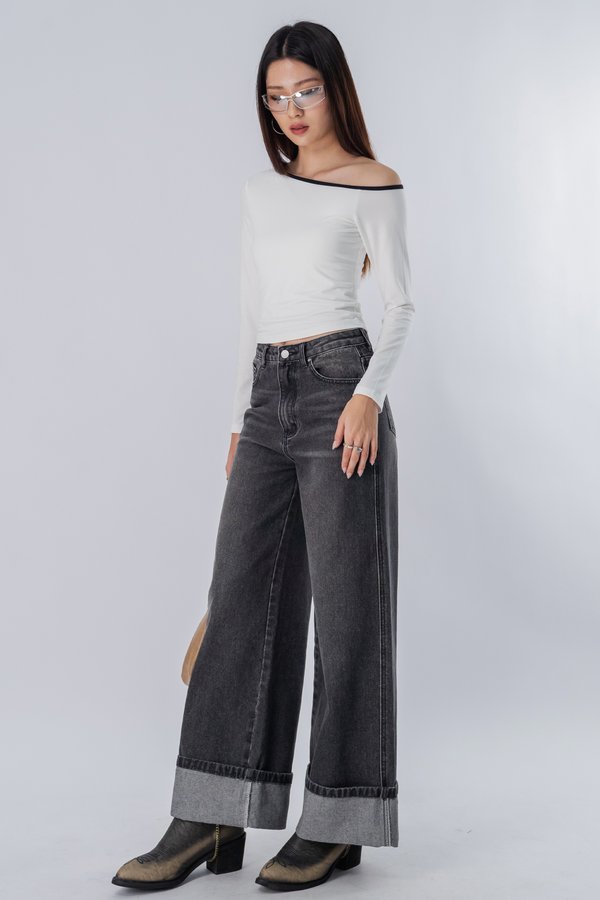 Petite | Pucker Cuffed Wide Leg Jeans in Grey Wash