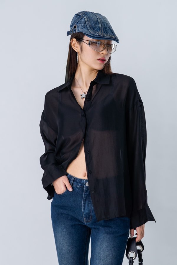 Smoke Screen Textured Sheer Shirt in Black