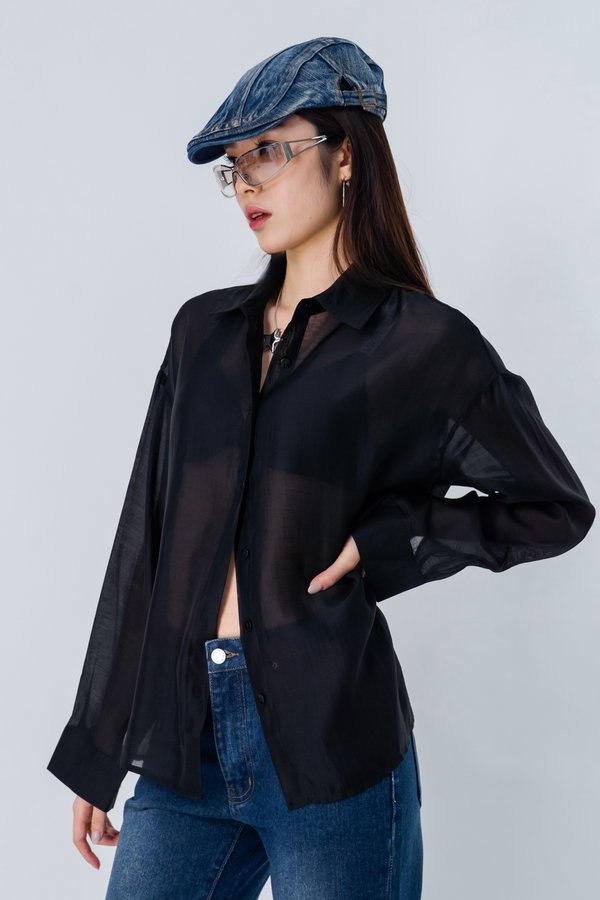 Smoke Screen Textured Sheer Shirt in Black