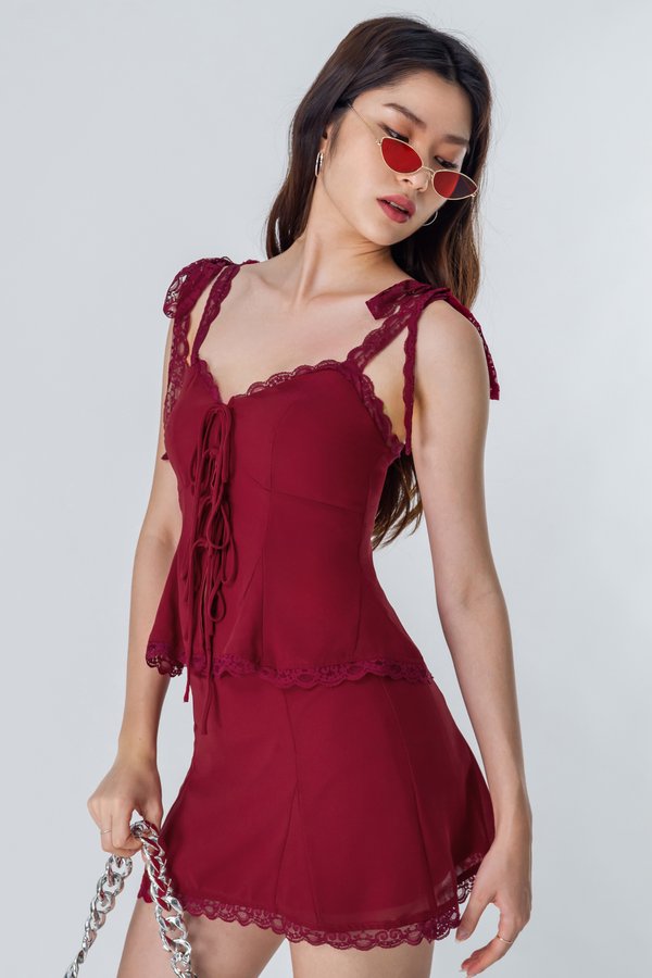 Flair Lace Trim Ribbon Top in Red