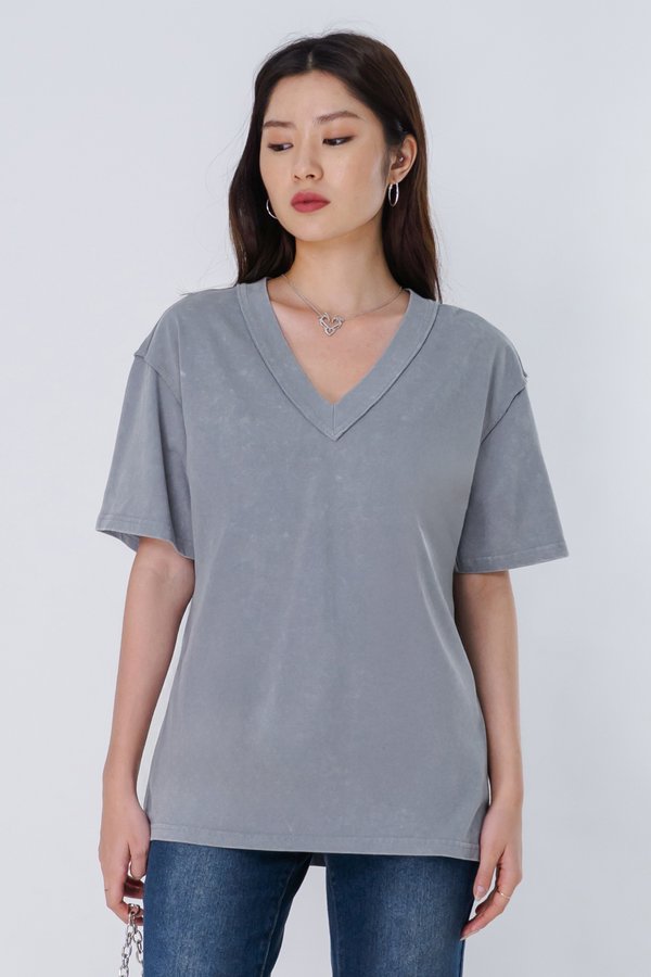 Fade V Neck Oversized Tee in Smoke Wash