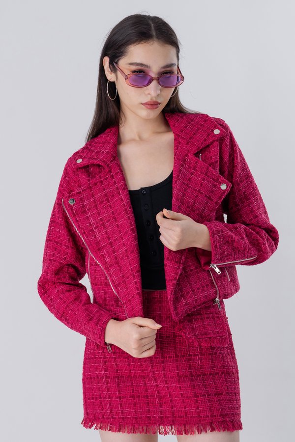 Rebel Tweed Biker Jacket in Bubblegum