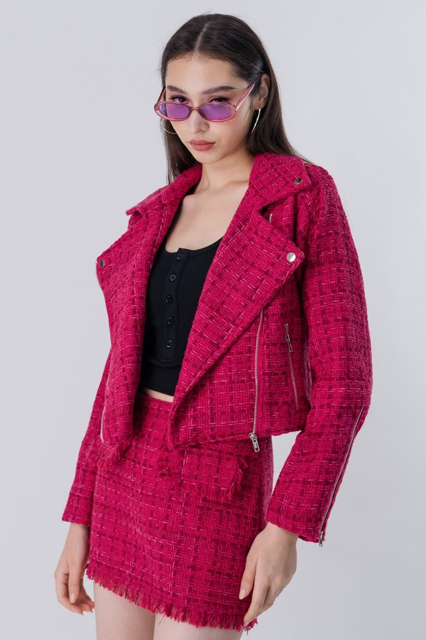 Rebel Tweed Biker Jacket in Bubblegum
