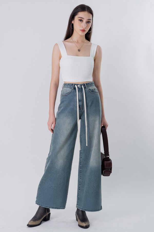 Drawstrings Wide Leg Jeans in Vintage Wash