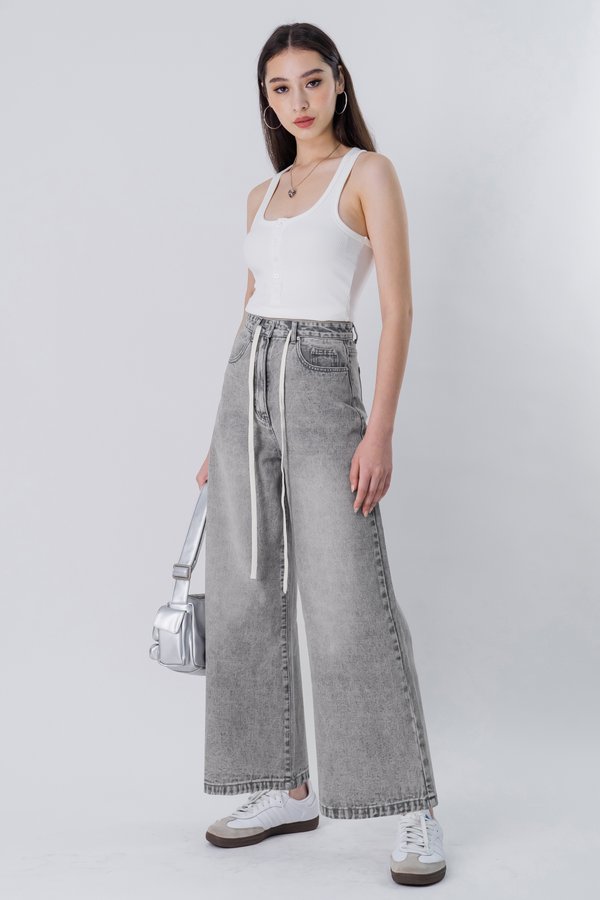 Drawstrings Wide Leg Jeans in Grey Wash
