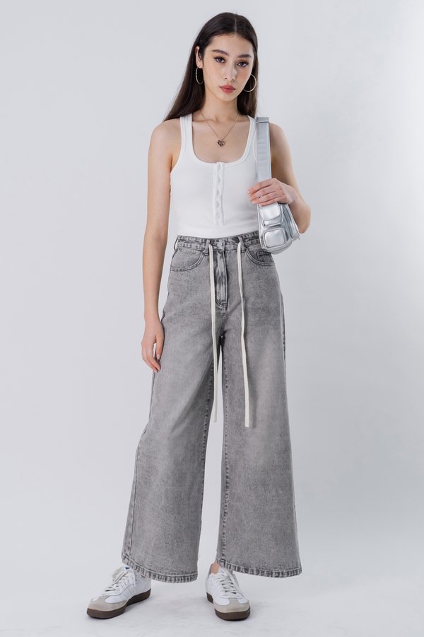 Drawstrings Wide Leg Jeans in Grey Wash