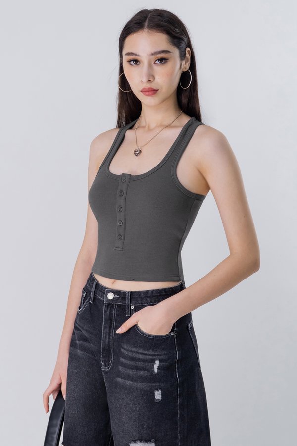 Bolted Button Racer Top in Dark Grey