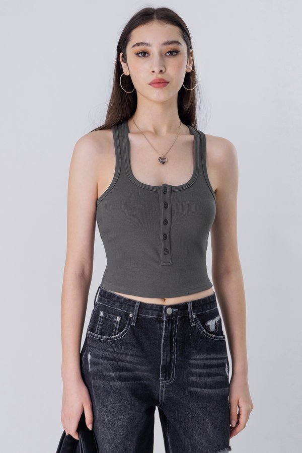 Bolted Button Racer Top in Dark Grey