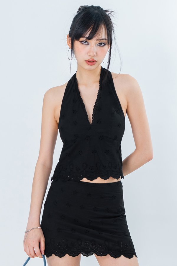 Sun Dazed Eyelet Halter Top in Black