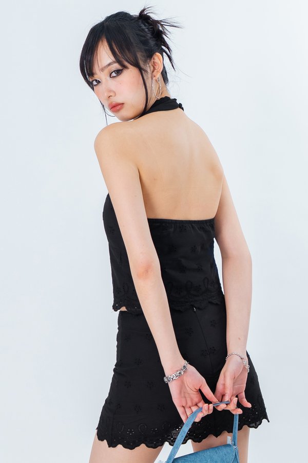 Sun Dazed Eyelet Halter Top in Black