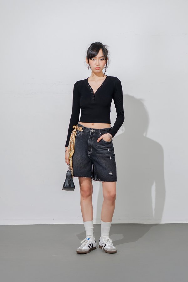Featherlight Button Sleeved Top in Black