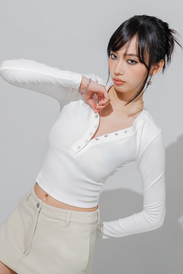 Featherlight Button Sleeved Top in White
