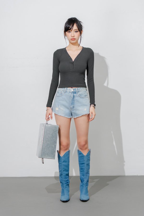 Featherlight Button Sleeved Top in Charcoal Grey