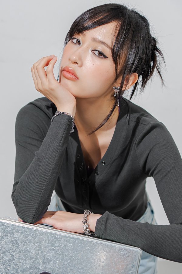 Featherlight Button Sleeved Top in Charcoal Grey