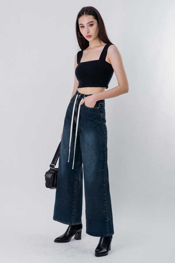 Drawstrings Wide Leg Jeans in Vintage Wash