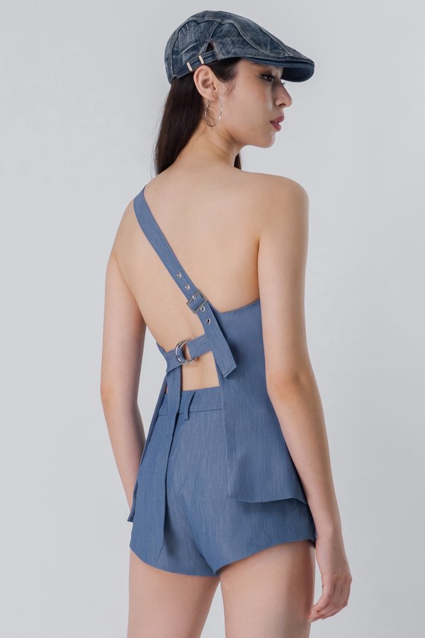 Stun Toga Padded Buckle Top in Denim Blue