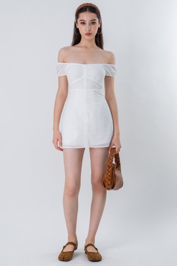 Seek Eyelet Cap Sleeve Dress in White