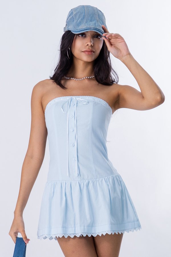 Nuance Lace Trim Ribbon Dress in Pastel Blue