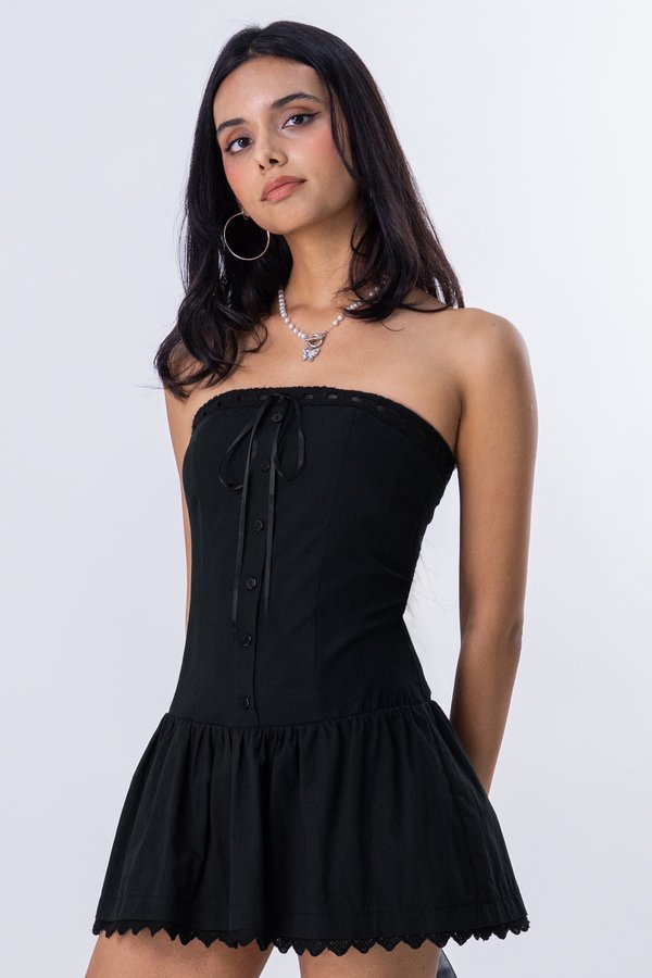 Nuance Lace Trim Ribbon Dress in Black
