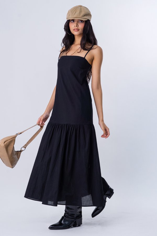 Sunshine Linen Flare Maxi Dress in Black