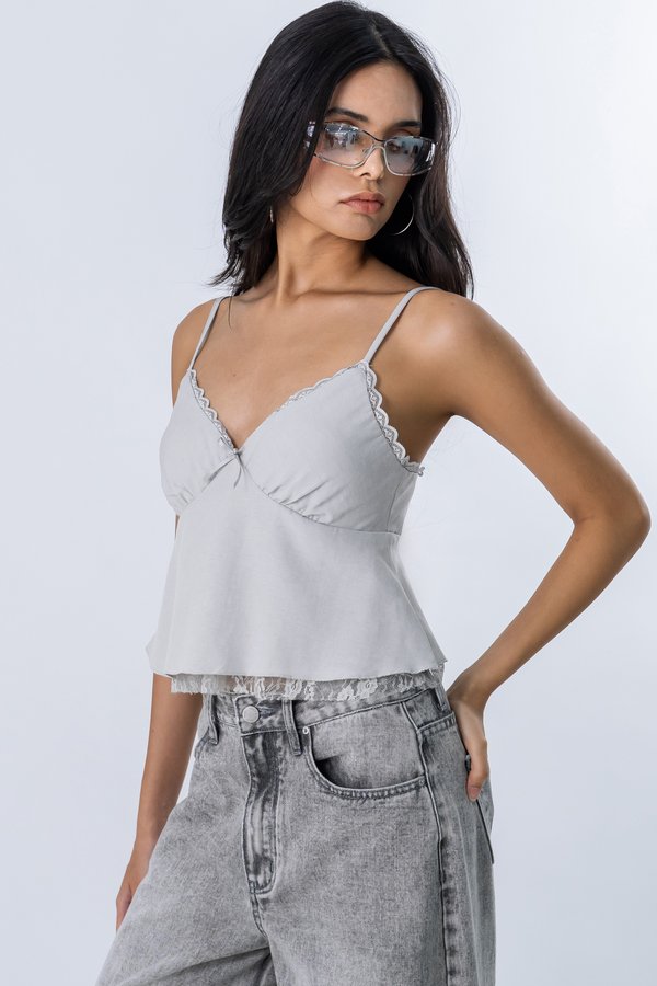 Unspoken Lace Trim Top in Cloud Grey