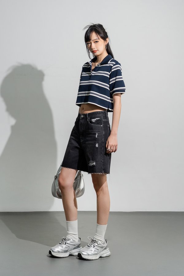 Miles Polo Collared Top in Dark Navy Stripe