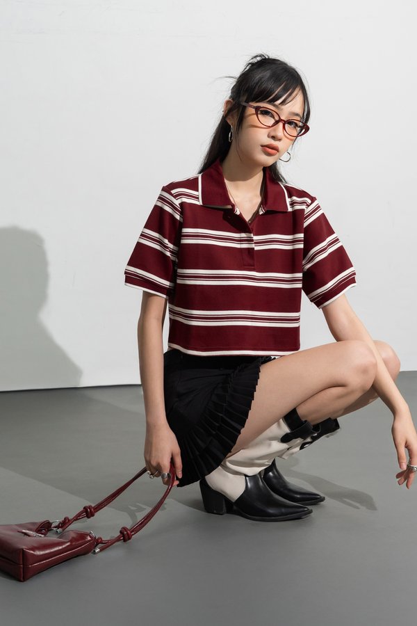 Miles Polo Collared Top in Maroon Stripe